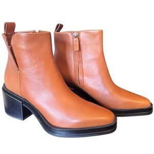 NWOB- Franco Sarto- Women Cognac Dalden Block Heel Ankle Leather Bootie, Size 7M